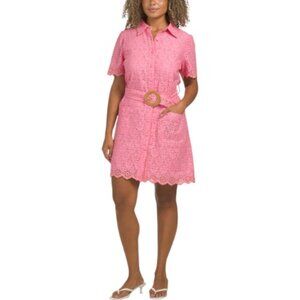 SAIL TO SABLE Linen Blend Belted Eyelet Shirt Mini Dress